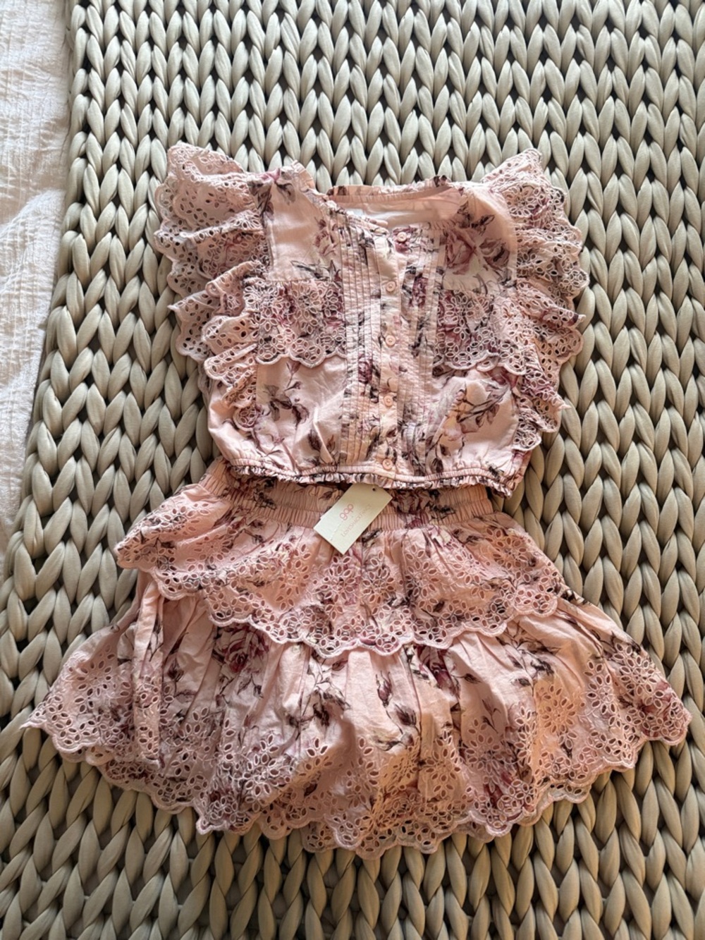LoveShackFancy Pink Floral Eyelet Two-Piece Kids Set